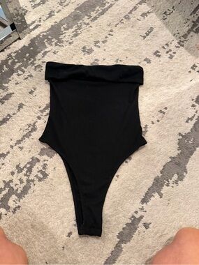 Black Fold-Over- ribbed off the shoulder bodysuit